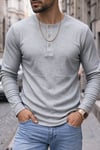 Erkek Gri Henley Yaka Uzun Kollu Tişört Üç Düğmeli Patlı Fitilli Regular T-shirt