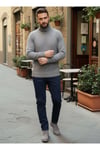 Erkek Gri Italyan Reglan Kol Detaylı Kalın Balıkçı Yaka Boğazlı Regular %100 Pamuk Triko Kazak