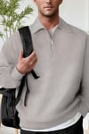 Erkek Gri Melanj Yarım Fermuar Polo Yaka Oversize Salaş Bol Kesim Polar Sweatshirt