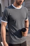Erkek Gri Renkli Tişört Bisiklet Yaka Kol Garnili Regular T-shirt