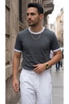 Erkek Gri Renkli Tişört Bisiklet Yaka Kol Garnili Regular T-shirt