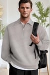 Erkek Gri Yarım Fermuar Polo Yaka Oversize Salaş Bol Kesim Polar Sweatshirt
