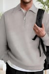 Erkek Gri Yarım Fermuar Polo Yaka Oversize Salaş Bol Kesim Polar Sweatshirt