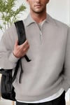 Erkek Gri Yarım Fermuar Polo Yaka Oversize Salaş Bol Kesim Polar Sweatshirt