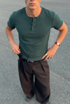 Erkek Haki Henley Yaka Tişört Üç Düğmeli Patlı Fitilli Regular T-shirt