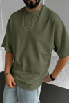 Erkek Haki Yeşili Bisiklet Yaka Düz Basic Baskısız Oversize Salas T-Shirt