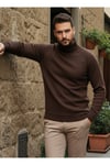 Erkek Kahverengi Italyan Reglan Kol Detaylı Kalın Balıkçı Yaka Boğazlı Regular %100Pamuk Triko Kazak