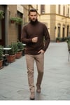 Erkek Kahverengi Italyan Reglan Kol Detaylı Kalın Balıkçı Yaka Boğazlı Regular %100Pamuk Triko Kazak