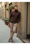Erkek Kahverengi Italyan Reglan Kol Detaylı Kalın Balıkçı Yaka Boğazlı Regular %100Pamuk Triko Kazak