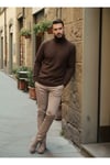 Erkek Kahverengi Italyan Reglan Kol Detaylı Kalın Balıkçı Yaka Boğazlı Regular %100Pamuk Triko Kazak
