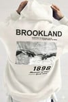 Erkek Kırık Beyaz Krem Ekru 1898 Baskılı Kapüşonlu Oversize 3 iplik Şardonlu Salaş Bol Kesim Hoodie Sweatshirt