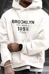 Erkek Kırık Beyaz Krem Ekru 1898 Baskılı Kapüşonlu Oversize 3 iplik Şardonlu Salaş Bol Kesim Hoodie Sweatshirt