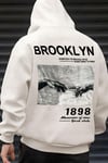 Erkek Kırık Beyaz Krem Ekru 1898 Baskılı Kapüşonlu Oversize 3 iplik Şardonlu Salaş Bol Kesim Hoodie Sweatshirt