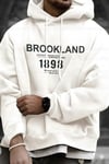 Erkek Kırık Beyaz Krem Ekru 1898 Baskılı Kapüşonlu Oversize 3 iplik Şardonlu Salaş Bol Kesim Hoodie Sweatshirt