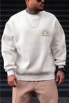 Erkek Kırık Beyaz Krem Ekru Arid Mountain Baskılı 0 Sıfır Yaka Oversize Salaş Bol Kesim Polar Sweatshirt