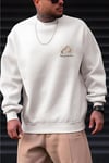 Erkek Kırık Beyaz Krem Ekru Arid Mountain Baskılı 0 Sıfır Yaka Oversize Salaş Bol Kesim Polar Sweatshirt