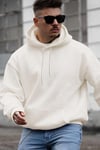 Erkek Kırık Beyaz Krem Ekru Düz Kapüşonlu Oversize 3 iplik Şardonlu Salaş Bol Kesim Hoodie Sweatshirt