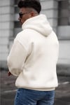 Erkek Kırık Beyaz Krem Ekru Düz Kapüşonlu Oversize 3 iplik Şardonlu Salaş Bol Kesim Hoodie Sweatshirt