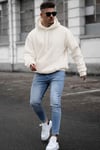 Erkek Kırık Beyaz Krem Ekru Düz Kapüşonlu Oversize 3 iplik Şardonlu Salaş Bol Kesim Hoodie Sweatshirt