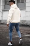 Erkek Kırık Beyaz Krem Ekru Düz Kapüşonlu Oversize 3 iplik Şardonlu Salaş Bol Kesim Hoodie Sweatshirt