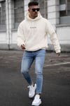 Erkek Kırık Beyaz Krem Ekru Spectacular Baskılı 3 iplik Şardonlu Kapüşonlu Kanguru Cepli Oversize Salaş Hoodie Sweatshirt
