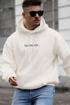 Erkek Kırık Beyaz Krem Ekru Spectacular Baskılı 3 iplik Şardonlu Kapüşonlu Kanguru Cepli Oversize Salaş Hoodie Sweatshirt