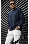 Erkek Lacivert Basic 0 Sıfır Yaka Baskısız Düz Oversize Salaş Bol Kesim Polar Sweatshirt 