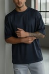 Erkek Lacivert Bisiklet Yaka Düz Basic Baskısız Oversize Salas T-Shirt