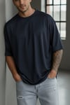 Erkek Lacivert Bisiklet Yaka Düz Basic Baskısız Oversize Salas T-Shirt