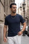 Erkek Lacivert Bisiklet Yaka Fitilli Örme Dik Çizgi Regular Kalıp Kısa Kol Tişört