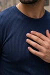 Erkek Lacivert Bisiklet Yaka Fitilli Örme Dik Çizgi Regular Kalıp Kısa Kol Tişört