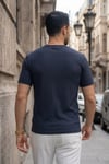 Erkek Lacivert Bisiklet Yaka Fitilli Örme Dik Çizgi Regular Kalıp Kısa Kol Tişört