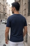 Erkek Lacivert Bisiklet Yaka Fitilli Örme Dik Çizgi Regular Kalıp Kısa Kol Tişört