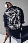 Erkek Lacivert Creatures Oversize Fit Bol Geniş Kalıp Salaş Kesim T-shirt