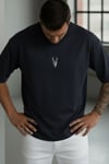 Erkek Lacivert Geyik Baskılı Oversize Fit Bol Geniş Kalıp Salaş Kesim T-shirt