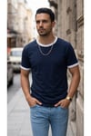 Erkek Lacivert Renkli Tişört Bisiklet Yaka Kol Garnili Regular T-shirt