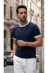 Erkek Lacivert Renkli Tişört Bisiklet Yaka Kol Garnili Regular T-shirt