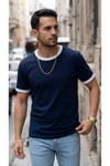 Erkek Lacivert Renkli Tişört Bisiklet Yaka Kol Garnili Regular T-shirt