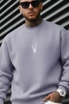 Erkek Lila Tonlu Gri Geyik Soft 3 İplik içi Şardonlu 0 Sıfır Yaka Oversize Salaş Sweatshirt
