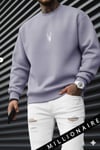 Erkek Lila Tonlu Gri Geyik Soft 3 İplik içi Şardonlu 0 Sıfır Yaka Oversize Salaş Sweatshirt