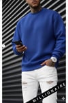 Erkek Mavi Basic 0 Sıfır Yaka Baskısız Düz Oversize Salaş Bol Kesim Polar Sweatshirt