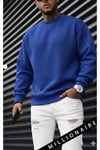 Erkek Mavi Basic 0 Sıfır Yaka Baskısız Düz Oversize Salaş Bol Kesim Polar Sweatshirt