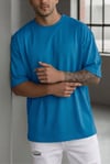 Erkek Mavi Basic Düz Baskısız Oversize Salas T-shirt
