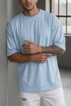 Erkek Mavi Melanj Basic Düz Baskısız Oversize Salas T-shirt