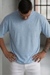 Erkek Mavi Melanj Basic Düz Baskısız Oversize Salas T-shirt