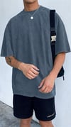 Erkek Mavi Oversize Asit Yıkamalı Eskitme Efektli Boyalı T-Shirt