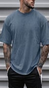 Erkek Mavi Oversize Asit Yıkamalı Eskitme Efektli Boyalı T-Shirt