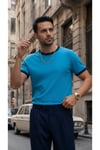 Erkek Mavi Renkli Tişört Bisiklet Yaka Kol Garnili Regular T-shirt