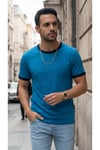Erkek Mavi Renkli Tişört Bisiklet Yaka Kol Garnili Regular T-shirt