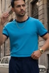 Erkek Mavi Renkli Tişört Bisiklet Yaka Kol Garnili Regular T-shirt